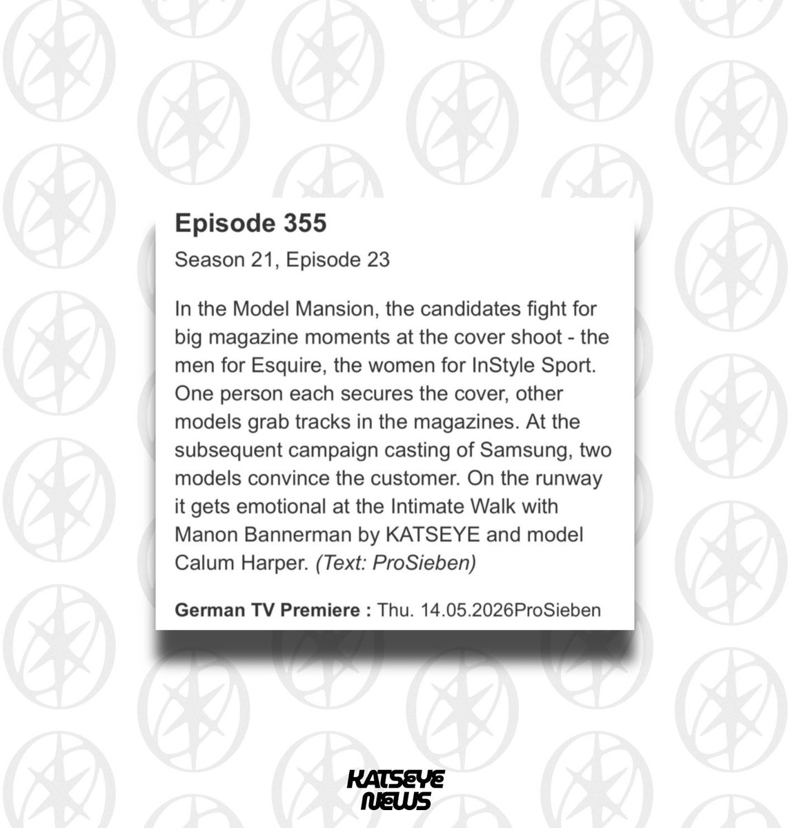 In recent German based TV database/listings site, a new episode tracking page confirms that Manon will be making her anticipated appearance as a guest judge on S21 EP23 of Germany’s Next Top Model premiering May 14th 

#MANON