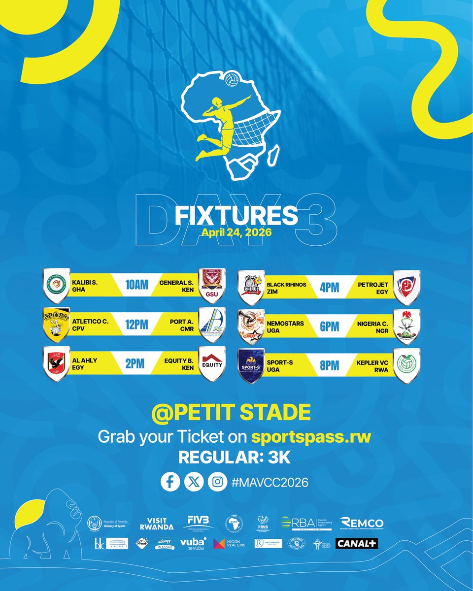 Rw_Volleyball's tweet photo. The next round of fixtures is here on two courts. Bk Arena and Petit Stade. Anticipate bigger plays and even tougher clashes. #MAVCC2026 https://t.co/IWp3RGF4bP
