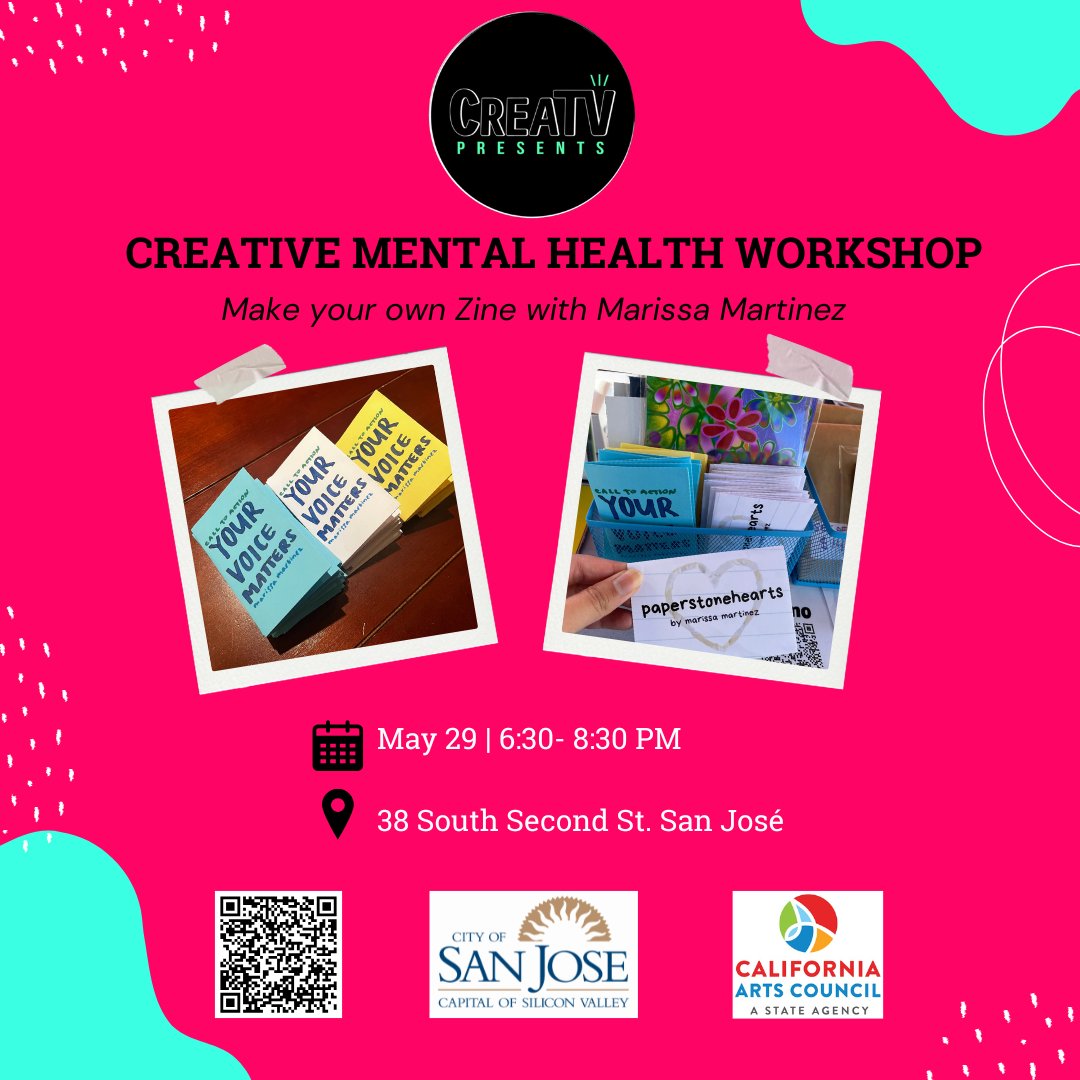 creatvsj's tweet photo. Looking for a fun way to explore your mental wellbeing? ✨

Join us for a hands-on evening of self-expression where you’ll design and create your very own zine! Event is free for all! RSVP-> https://t.co/yXev7fStvg

#MentalWellbeing #CreativeHealing #ZineWorkshop #SJEvents https://t.co/yASmwuBwT9