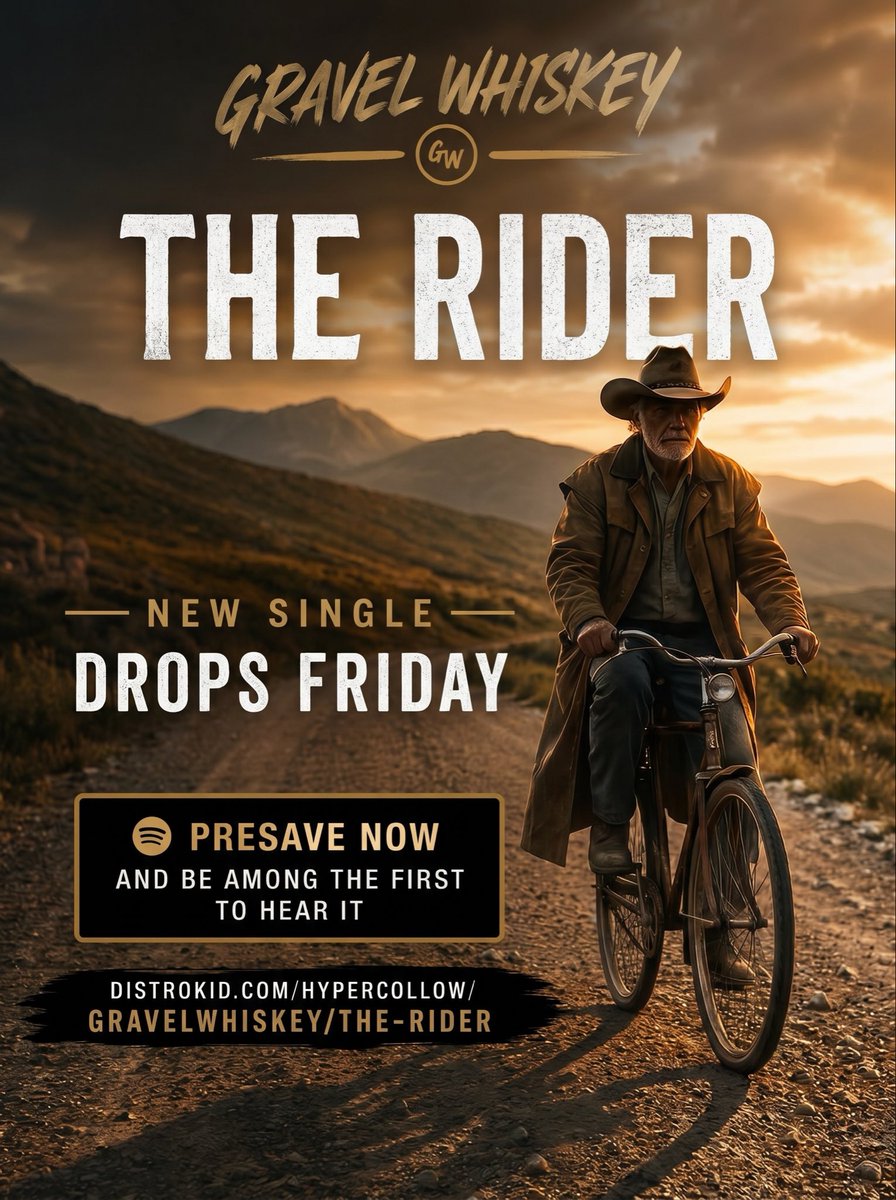 GravelWhisk's tweet photo. Last chance to presave “The Rider.”
Drops Friday.

If you want it waiting in your library at midnight, hit this now:
https://t.co/iq98kcvnSS

#NewMusic #Spotify #IndieMusic https://t.co/mSdlTorQ3I