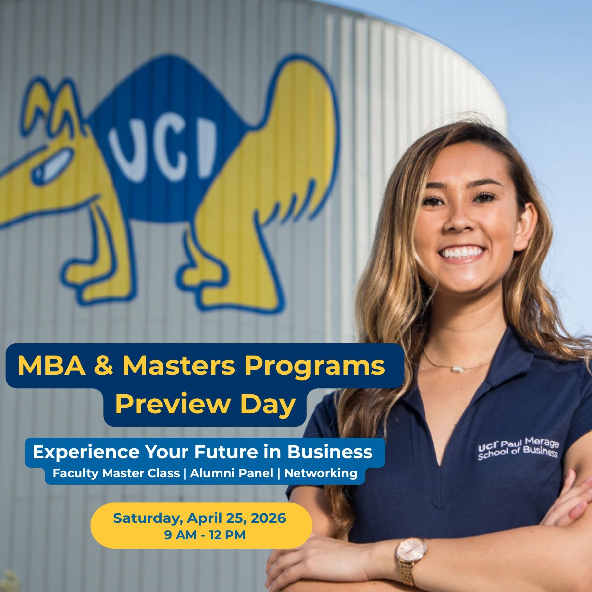 UCIrvine_MBA's tweet photo. Our MBA and Master’s Programs Preview Day is almost here!

📍 UC Irvine Paul Merage School of Business, Irvine, CA
🗓 Saturday, April 25 Time: 9:00 AM to 12:00 PM

Register now to secure your spot! 📲 https://t.co/soteuy5b7C

#PreviewDay #MerageSchool #MastersProgram https://t.co/ojOxEJgoLJ