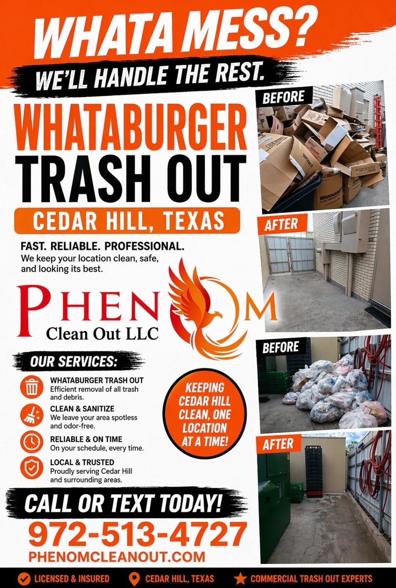 PhenomCleanOut's tweet photo. 🔥 WHAT A DIFFERENCE! WHAT-A-BURGER TRASH OUT – CEDAR HILL, TEXAS 🔥
Phenom Clean Out LLC just completed a full commercial trash-out cleanup for a busy Whataburger location in Cedar Hill, TX — and the results speak for themselves.
From overflowing cardboard, trash bags, https://t.co/PlwK7fpnJ2