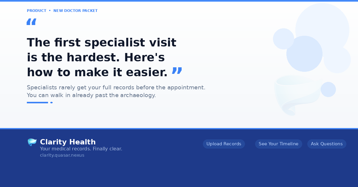 AustinJohn_F's tweet photo. When you see a new specialist for the first time, here's what usually happens.

They have a referral note. Likely the most recent labs. Possibly some imaging. Almost never your full history.

So the first visit becomes an archaeology session. They ask about your past surgeries, your family history, your medications, when your symptoms started, what you've already tried. You reconstruct it all from memory, under the pressure of a 30 minute time slot.

This is why first specialist visits feel rushed. It's not because the specialist doesn't care. It's because the handoff between providers is broken, and you're the only person in the room who knows the whole story.

@MyClarityHealth lets you generate what we call a New Doctor Packet before the visit. A structured summary: active problems, current medications, allergies, recent timeline, questions for this visit. Every fact linked to its source record. Share it as a link. Print it as a PDF. Bring it with you.

Your specialist walks in already up to speed. You walk in already past the archaeology. The visit becomes about the conversation you actually came for.

Link in the comments 👇