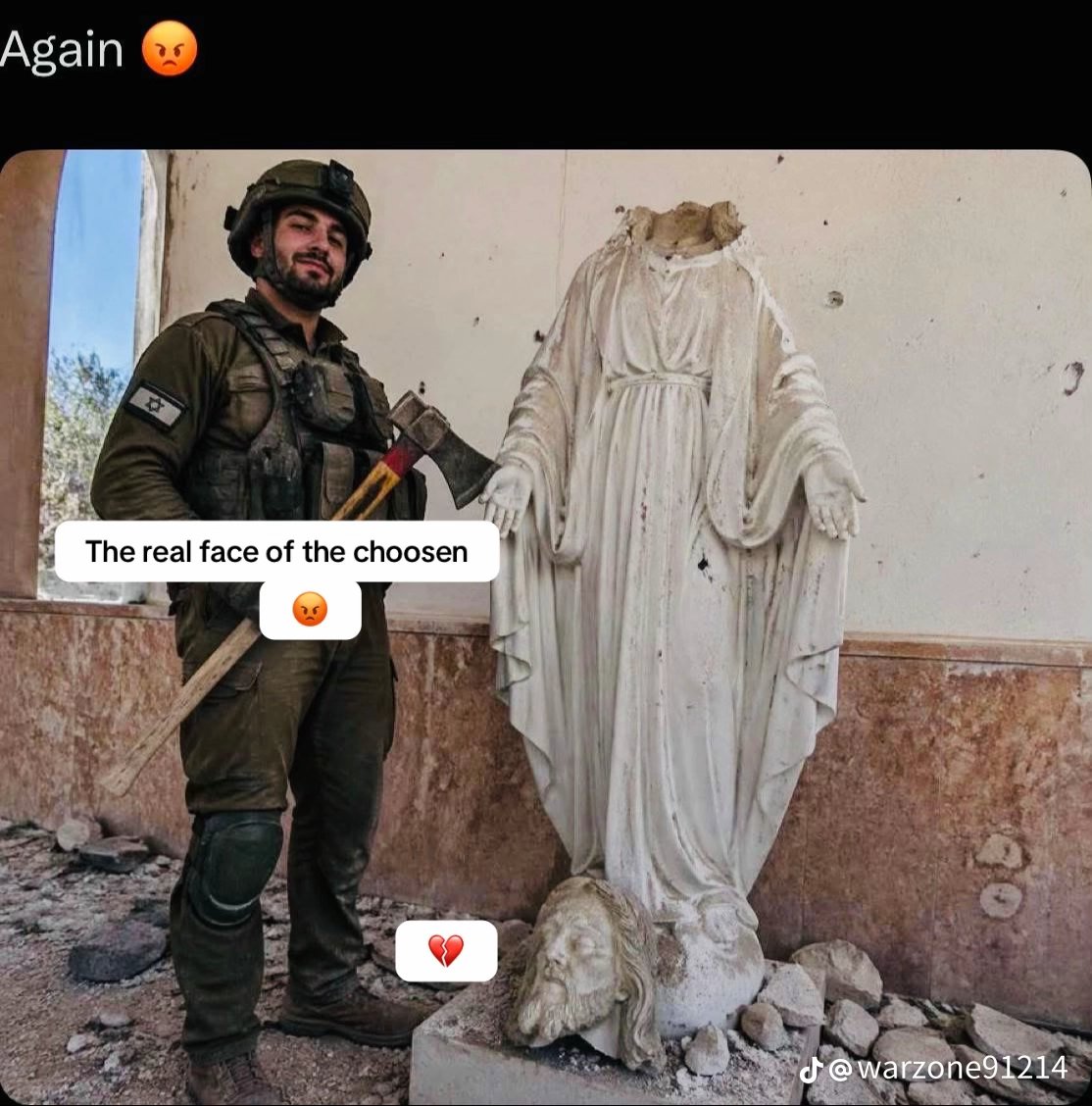 NordmannInge's tweet photo. This thing just popped up on the clock app, a second statue of Jesus has just been desecrated by an IDF soldier.  This one shows his smug face as he is posing next to his work..  Absolute disgust

Q. This the same guy from b4?

Internet, do your thing
https://t.co/xLduhzrVeR https://t.co/zv5hcMLNk6