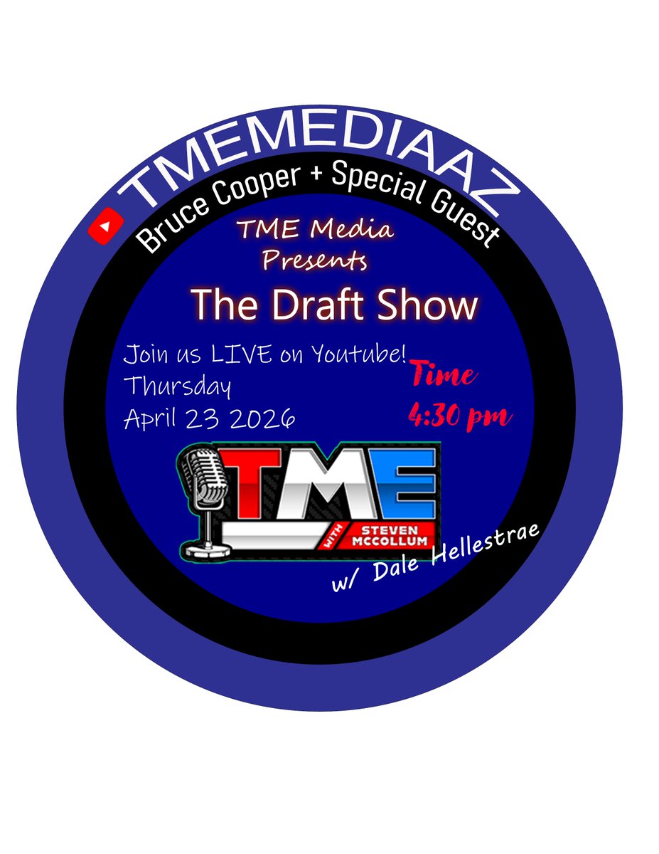 TMEMediaAz's tweet image. The TME Draft Show gets underway at 4:45pm!  Join us on Robattv.com (w/ Subscription), and on YOUTUBE for this special show!

Steven McCollum, 17 year NFL Veteran Dale Hellestrae &amp;amp; Local Legend in  Sports Broadcasting, Bruce Cooper break down the draft as it happens!