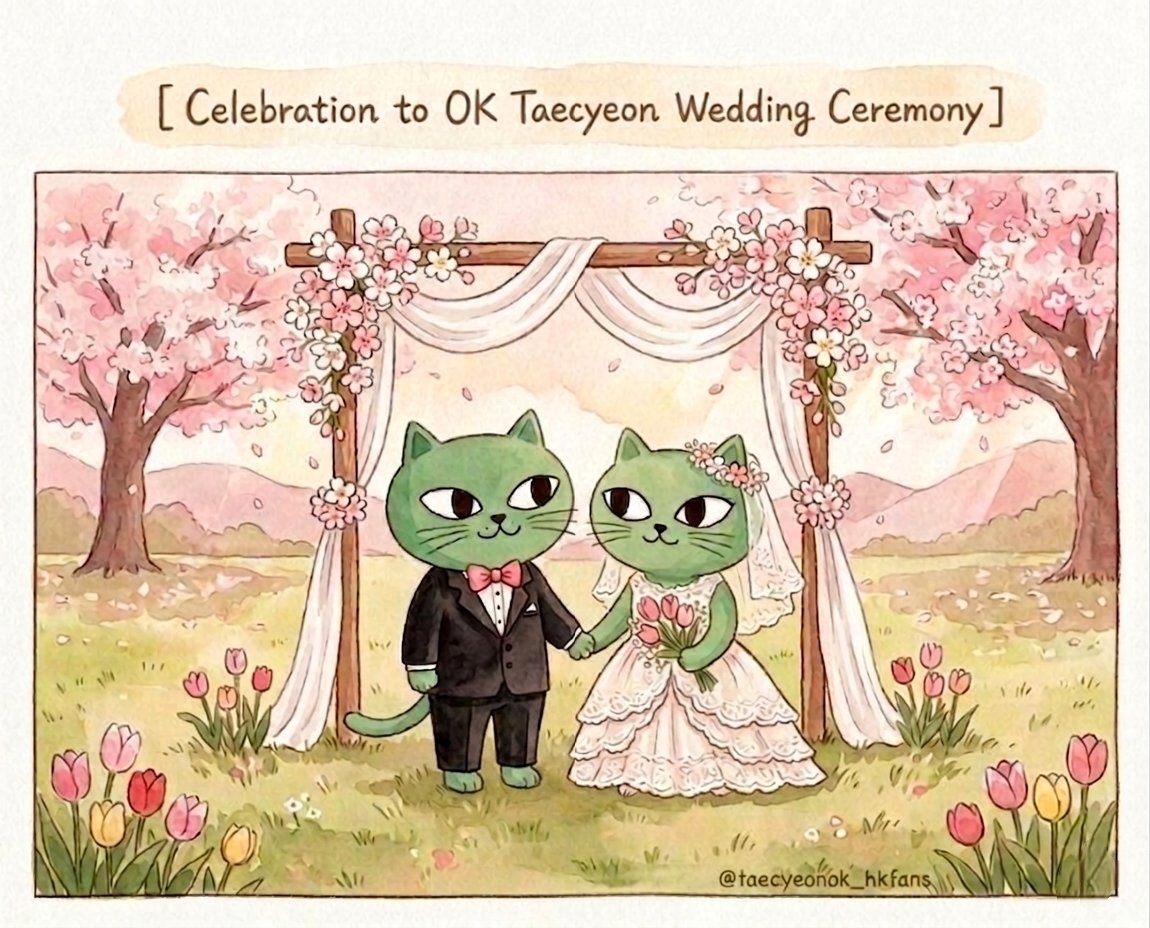 Taecyeon is getting married today🧡
so happy and touched🥹 
Wishing a sweet and happy life together💗
Today is a private wedding event
But also look forward to seeing your handsome groom 
2pm for a song to bless u
Sending you my blessings with an OKCat illustration 🎁 
<a href="/taeccool/">2pm 택연</a>