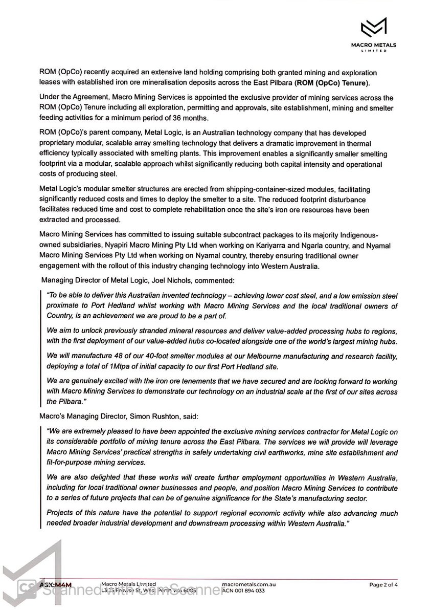 SalvadorMaurice's tweet image. #M4M

Macro appointed exclusive provider of mining services across East Pilbara by smelting company, Metal Logic

Macro Mining Services Pty Ltd executes umbrella agreement with Metal Logic's wholly owned subsidiary ROM (OpCo) Pty Ltd to become the exclusive provider of mining