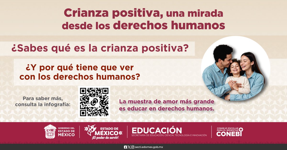 CONEBIedomex's tweet image. Madre, padre o persona tutora, ¿quieres saber más sobre crianza positiva y buen trato? En el #CONEBI preparamos una infografía con enfoque de derechos humanos, disponible para su consulta o descarga aquí👉conebi.edomex.gob.mx/subdireccion-d…
#ElPoderDeLaEducación
#SomosCONEBI
