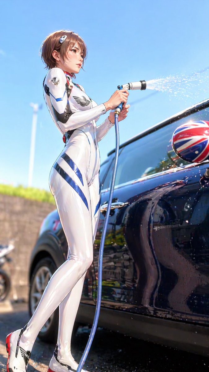 anmitsumini's tweet image. おはよう☀
昨日の雨で黄砂も流れたかな？
でもそろそろ洗車してあげたい🚙
#綾波レイ
#プラグスーツ
 #MINI