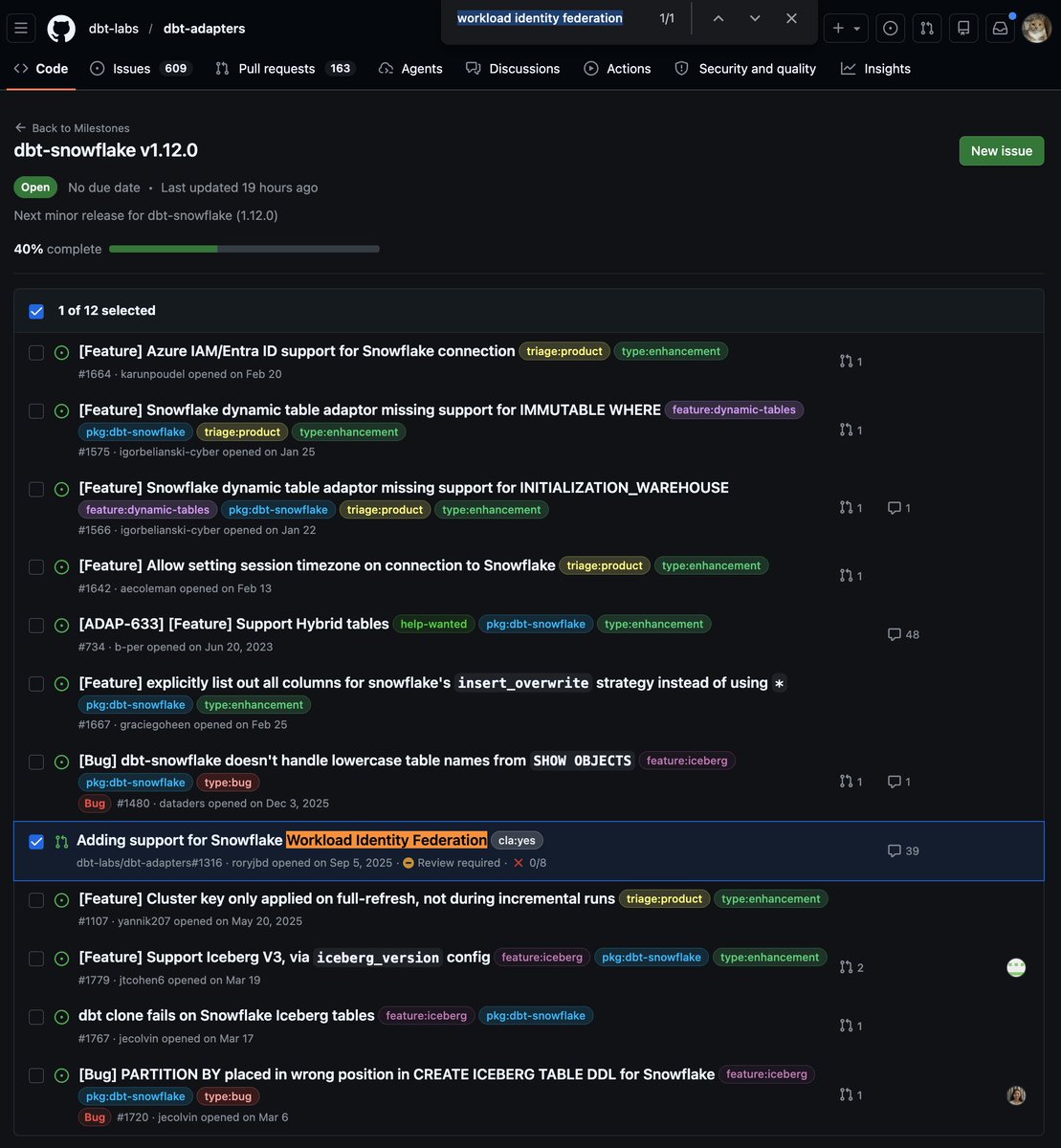 Kevinrobot34's tweet image. dbt-snowflake 1.12.0 のマイルストーンに WIF 対応が入っていそう！！これは待ち遠しい
github.com/dbt-labs/dbt-a…
#SnowflakeDB #SnowVillage #dbt
