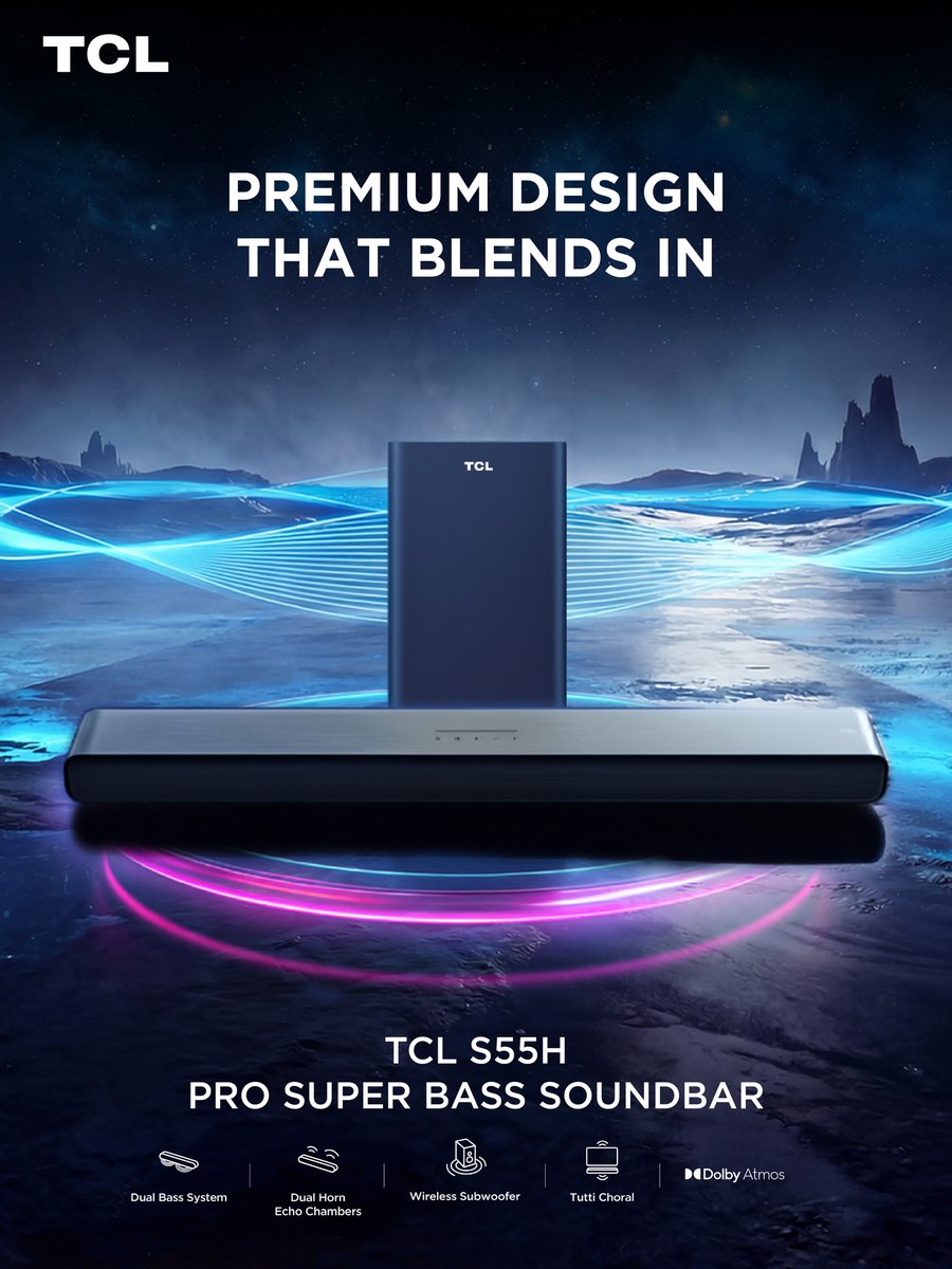 ghana_tcl's tweet photo. Designed to blend in.
Built to stand out The TCL S55H Pro Super Bass Soundbar delivers powerful bass, immersive sound and a premium design that completes your home entertainment setup.
#TCLGhana #TCL #InspireGreatness #S55H https://t.co/46G9XvEYMH