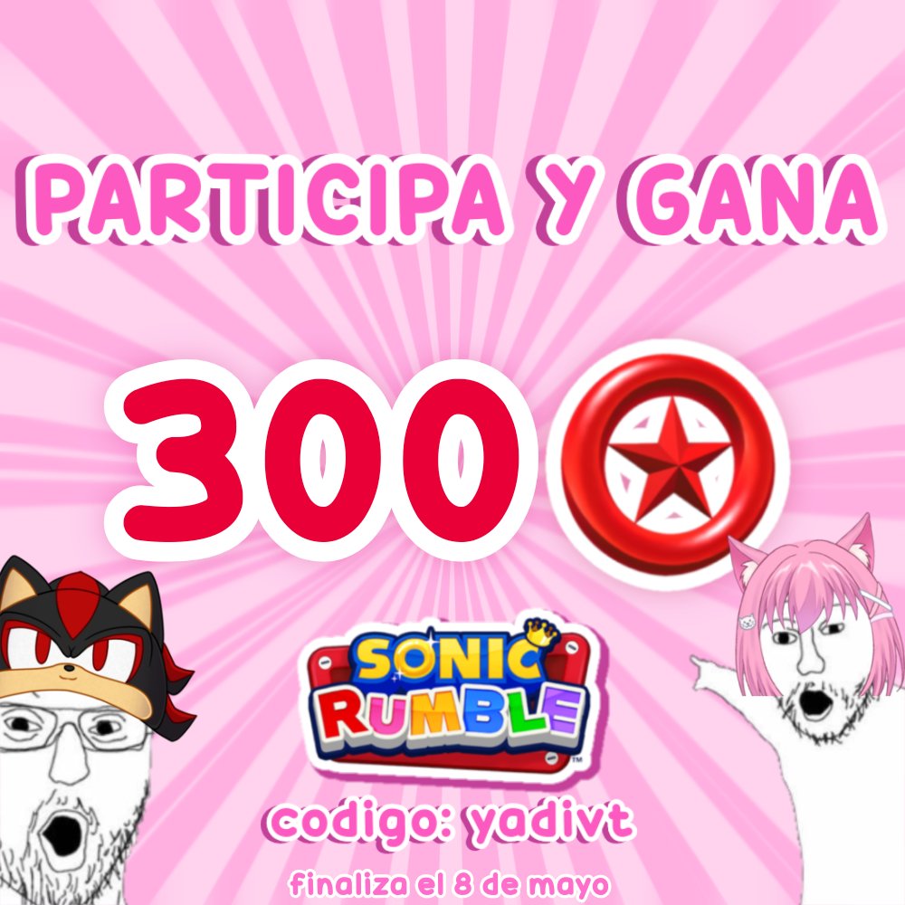 yadivt_'s tweet image. 🎀 SORTEO 300 RED STAR RINGS 🎀
Múltiples ganadores!

ੈ🩷 Da RT 
ੈ🩷 Sígueme en X y Twitch (Link abajo)
ੈ🩷 Sigue a @Sonic_Rumble!

📸 Comenta una captura como prueba (sin esto, tu participación no contará)

📌 Finaliza el 8 de mayo
#SonicRumblePartner #SonicRumble
