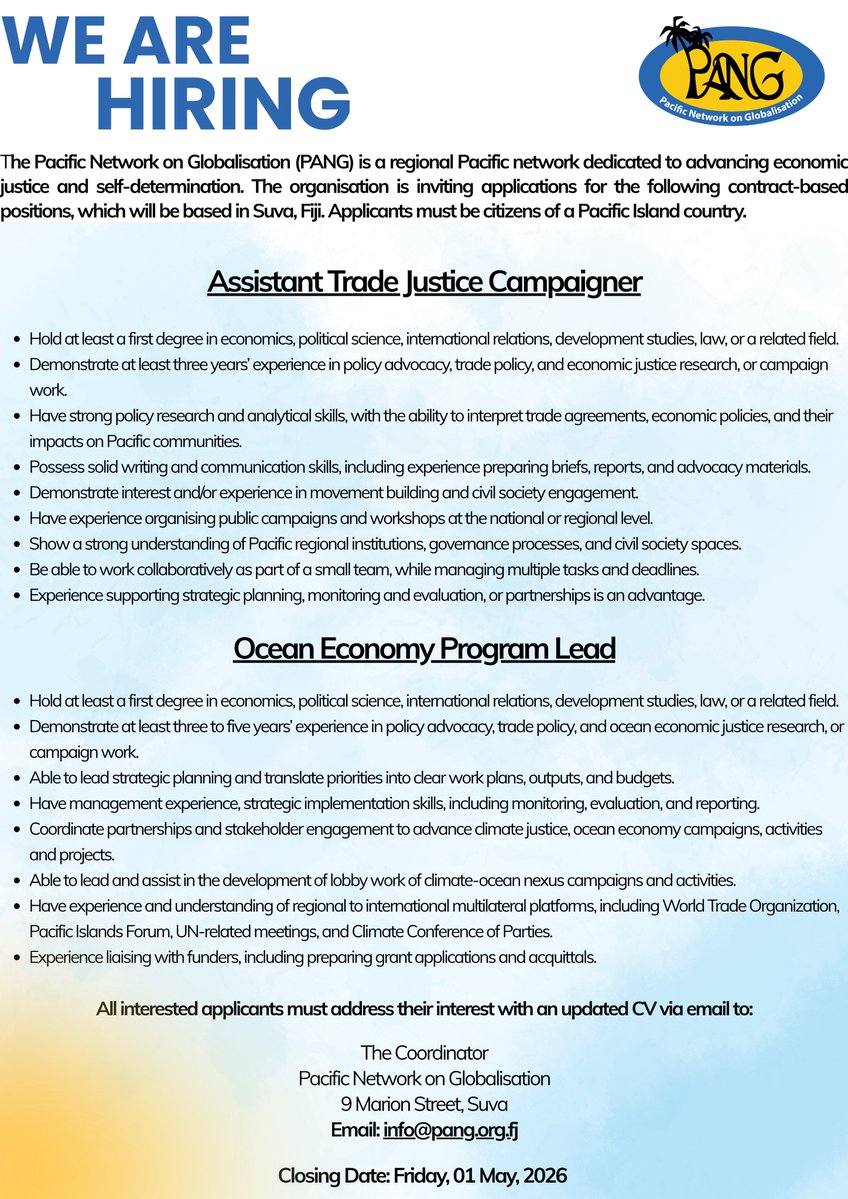 pangmedia's tweet image. 📢Deadline extended! #Join PANG and help drive economic and climate justice across the Pacific.

📧Apply by sending in your EOI and CV to: info@pang.org.fj
🗓️Closing Date: Friday, 01 May, 2026

Apply now and make your voice count!