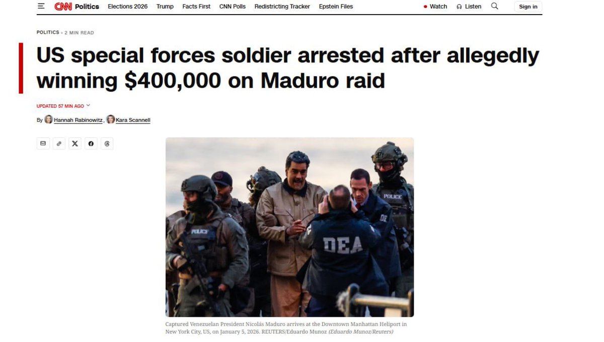 cript0ia's tweet photo. SOLDADO DE FORÇAS ESPECIAIS DOS EUA PRESO POR APOSTA CONTRA MADURO

Soldado foi preso após apostar $32.000 na captura de Maduro e lucrar $400.000. A aposta na Operação Resolução Absoluta chamou atenção das autoridades. https://t.co/U97VhOqzCI