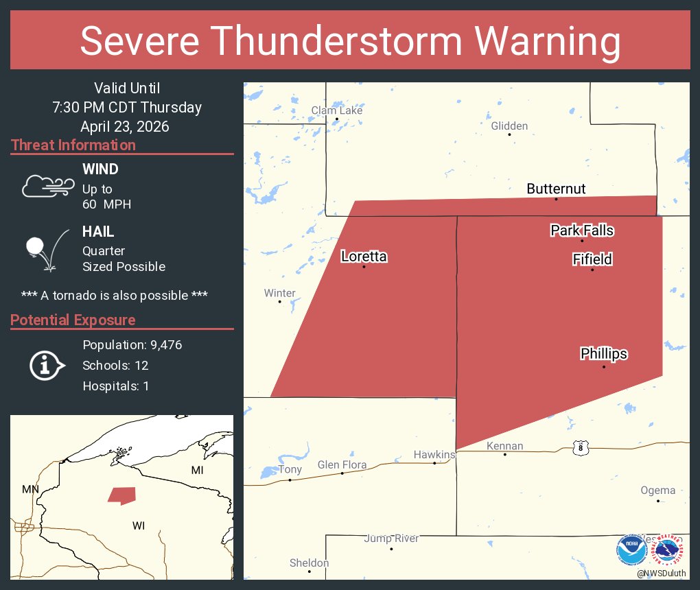 Severe Thunderstorm Warning including Park Falls WI, Phillips WI and ...