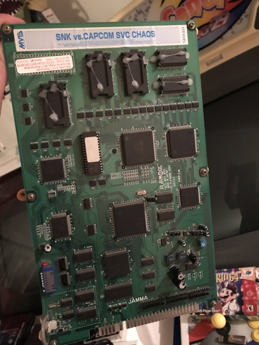 FrankAtHPP's tweet image. In addition to cartridges, some late Neo Geo titles were also released as full-size JAMMA PCBs.

Here's my copy of SNK vs Capcom: SVC Chaos.

#neogeo #arcade #retrogames