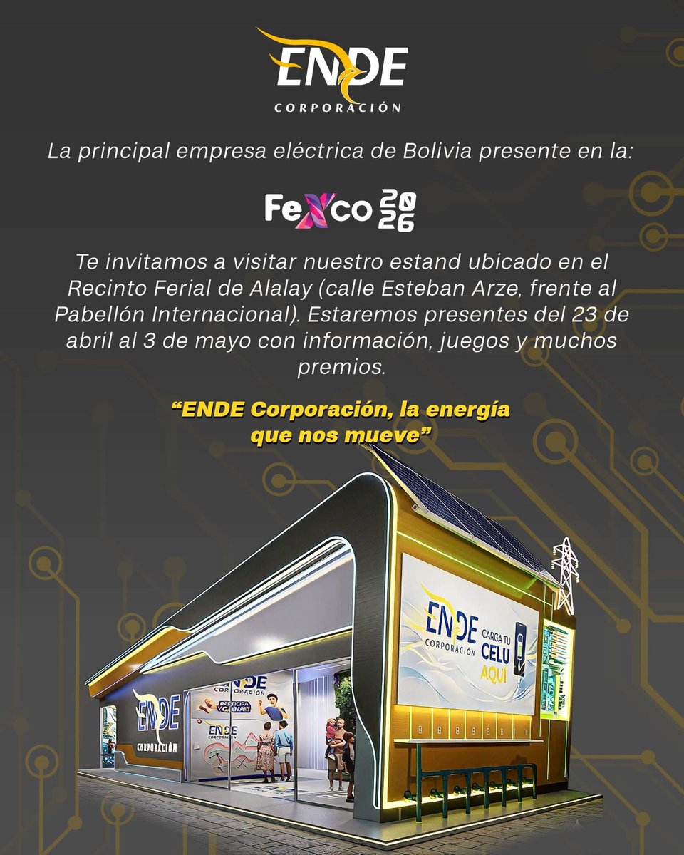 #Cochabamba | En la FEXCO 2026, el stand de ENDE Corporación te invita a conocer de cerca el corazón hidroeléctrico de #Bolivia.
 
Descubre cómo se genera la energía que mueve al país y conoce uno de sus proyectos más emblemáticos: El Proyecto Hidroeléctrico Ivirizu.

#ENDE