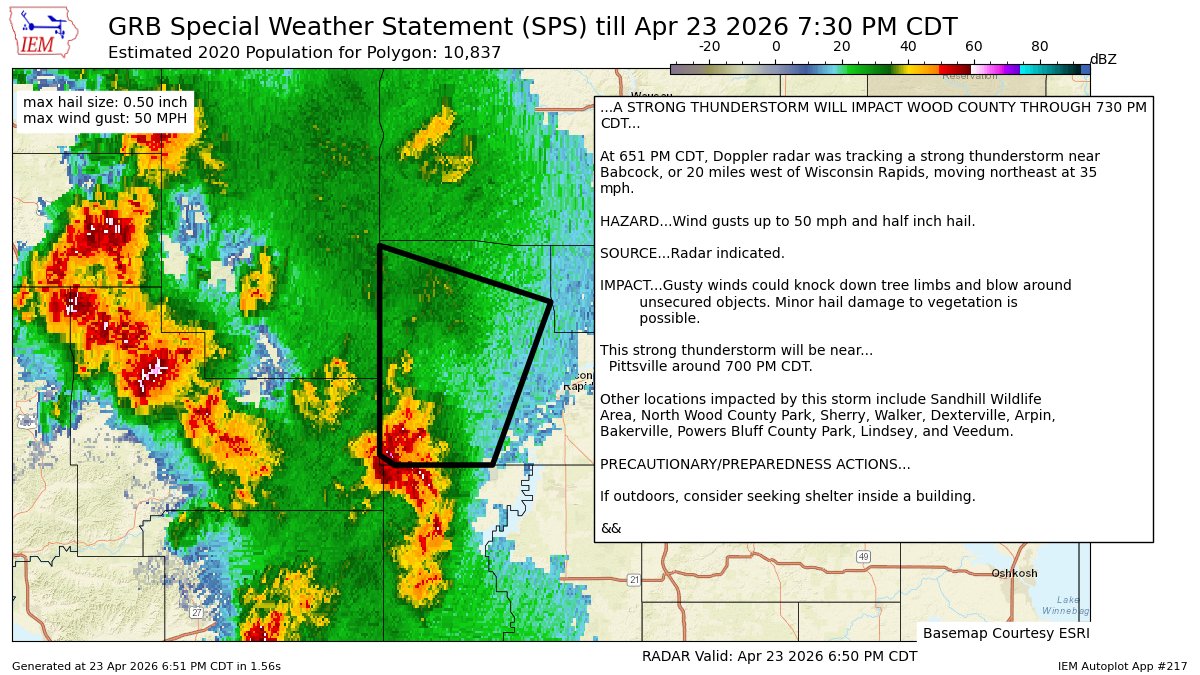 A STRONG THUNDERSTORM WILL IMPACT WOOD COUNTY THROUGH 730 PM CDT [wind: 50 MPH, hail: 0.50 IN] mesonet.agron.iastate.edu/p.php?pid=2026…