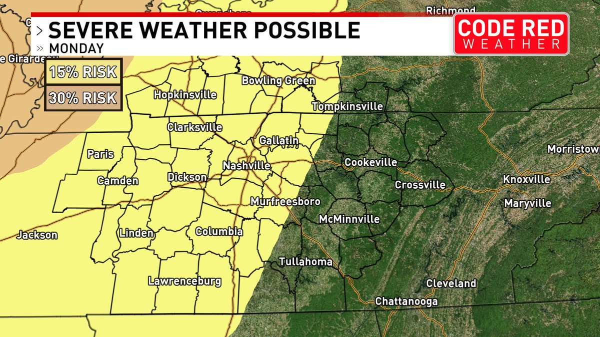 FOXNashville's tweet image. WEATHER UPDATE: Middle Tennessee is tracking two chances for severe weather over the next few days. Friday brings a low threat for strong #storms, while Monday evening looks more concerning for severe #weather.

GET YOUR LATEST FORECAST: bit.ly/4u2Vtyf