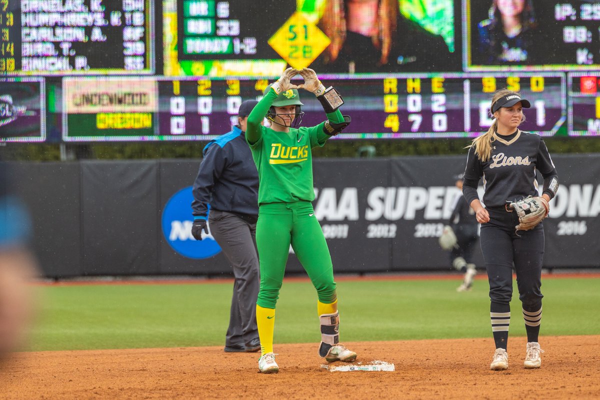 OregonSB's tweet photo. Celebrating 60 years of Oregon Softball and 10 years at Jane Sanders Stadium.

The first half of the 2020s saw the Ducks make five consecutive NCAA Tournament appearances with two Super Regionals and the 2025 WCWS under coach Melyssa Lombardi. The program added seven more All-Americans to its honor roll, including Allee Bunker, Haley Cruse, Kedre Luschar, Terra McGowan and Brooke Yanez, plus current Ducks Lyndsey Grein and Rylee McCoy. 

The 2020's also saw the Ducks' first Gold Glove winner in Paige Sinicki and it's first Golden Shoe honoree, Kai Luschar, who became just the 15th player in NCAA history to steal 60 bases in a season. The first half of the decade ended in a 2025 season when the Ducks won their first Big Ten championship and, thanks in part to a memorable walk-off home run by Dezianna Patmon, reached the WCWS for the first time since 2018. 

#GoDucks | #Version♾️