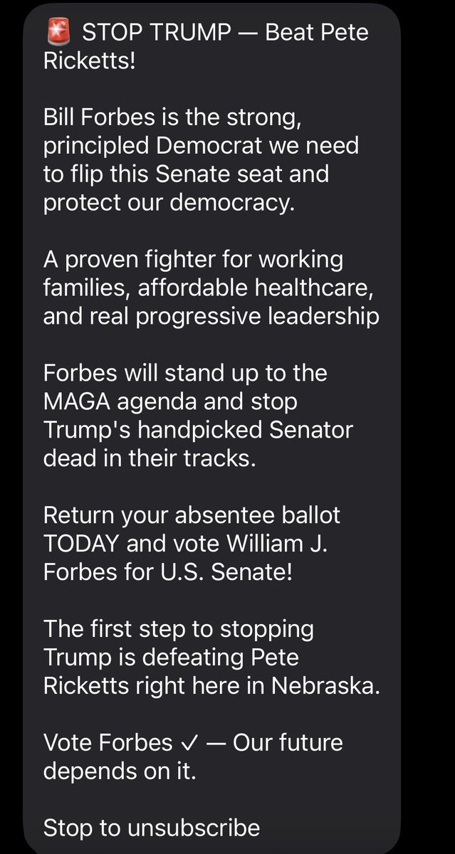 4nsmiley's tweet photo. The candidate, William Forbes, who raised 0$ just did a text blast…. https://t.co/z5BCUPiqxt