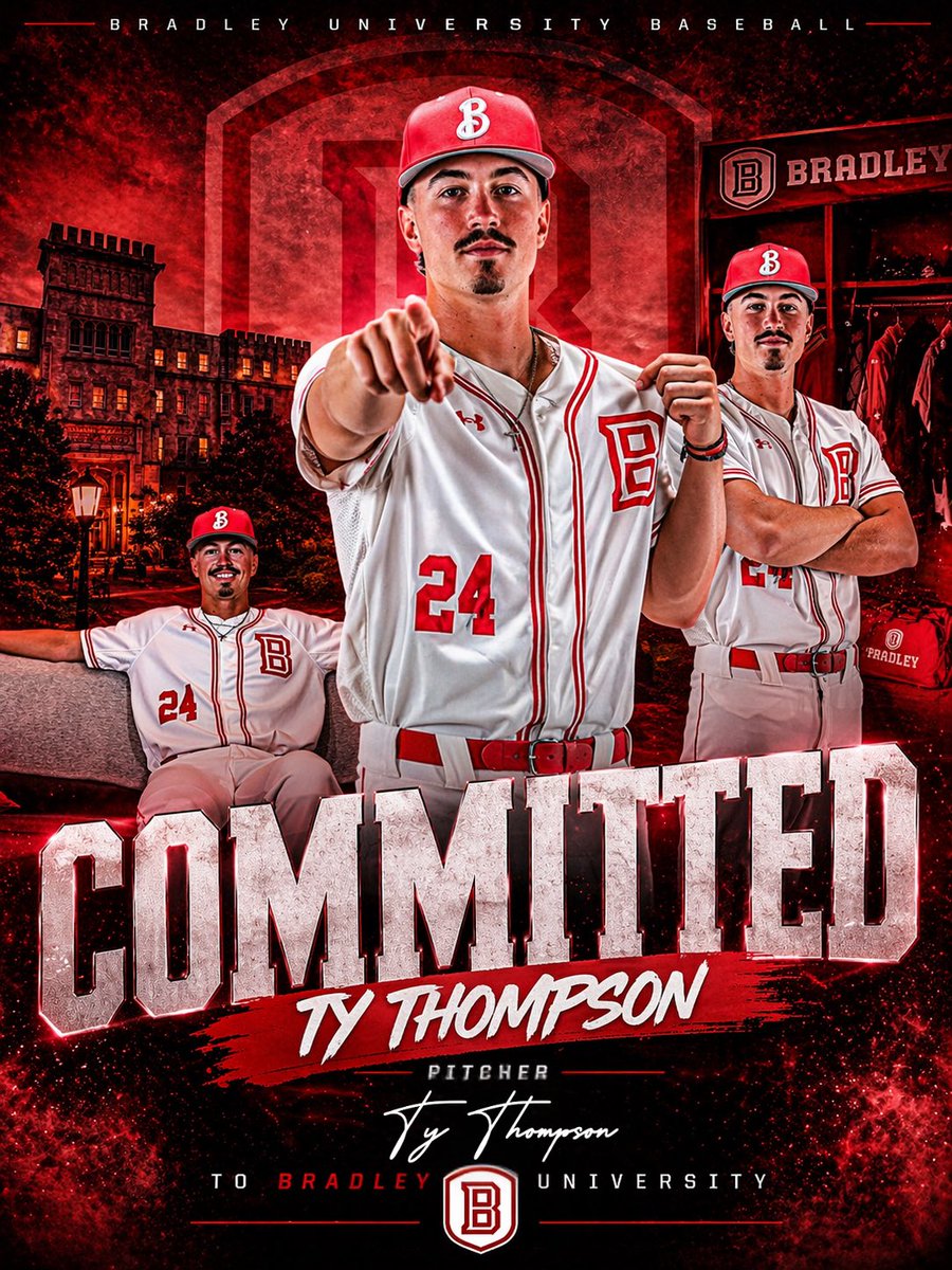 Ty_Thompson_11's tweet photo. Extremely excited to announce my commitment to @BradleyBaseball. I want to say thank you to @hittingmental, @CoachBolenJC and the coaching staff at Bradley for the opportunity. I also wanted to say thank you to the @CAC_BaseballDB9 coaching staff as well as @pwoody29. https://t.co/Ixvqr36Epu