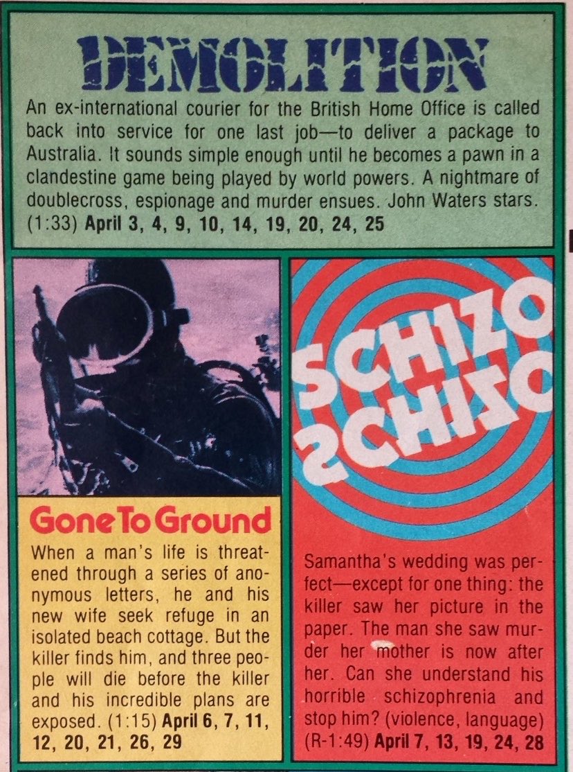 ClassicHBOGuide's tweet image. Little known movies in April on pay cable: @HBO 1978 - DAY OF THE ANIMALS; The Movie Channel 1981 - EXIT THE DRAGON, ENTER THE TIGER; Prism 1982 - DEMOLITION, GONE TO GROUND, SCHIZO; @HBO 1982 - SMOKEY BITES THE DUST #rare #movies #HBO