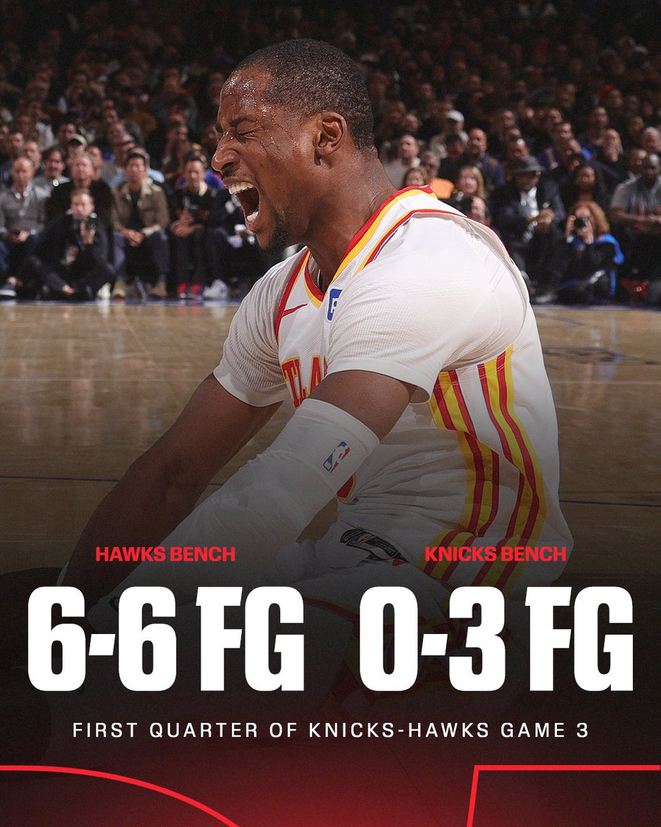 ESPNInsights's tweet image. Atlanta's bench had 16 PTS in the first quarter. New York's bench had 0 PTS 👀

Jonathan Kuminga's 10 points in the 1Q are the most by a Hawks bench player in the first quarter of a playoff game in the play-by-play era (1997-98).