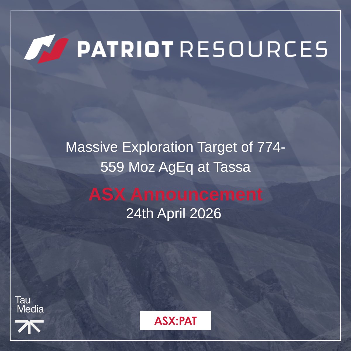 PAT_Resources's tweet photo. @PAT_Resources  (ASX: #PAT) is pleased to announce a significant upgrade to the Exploration Target at its 100%-owned Tassa Silver-Gold Project in Peru.

Read the announcement: https://t.co/HJ5vxjZ70Y https://t.co/ZeI8TUdXd8