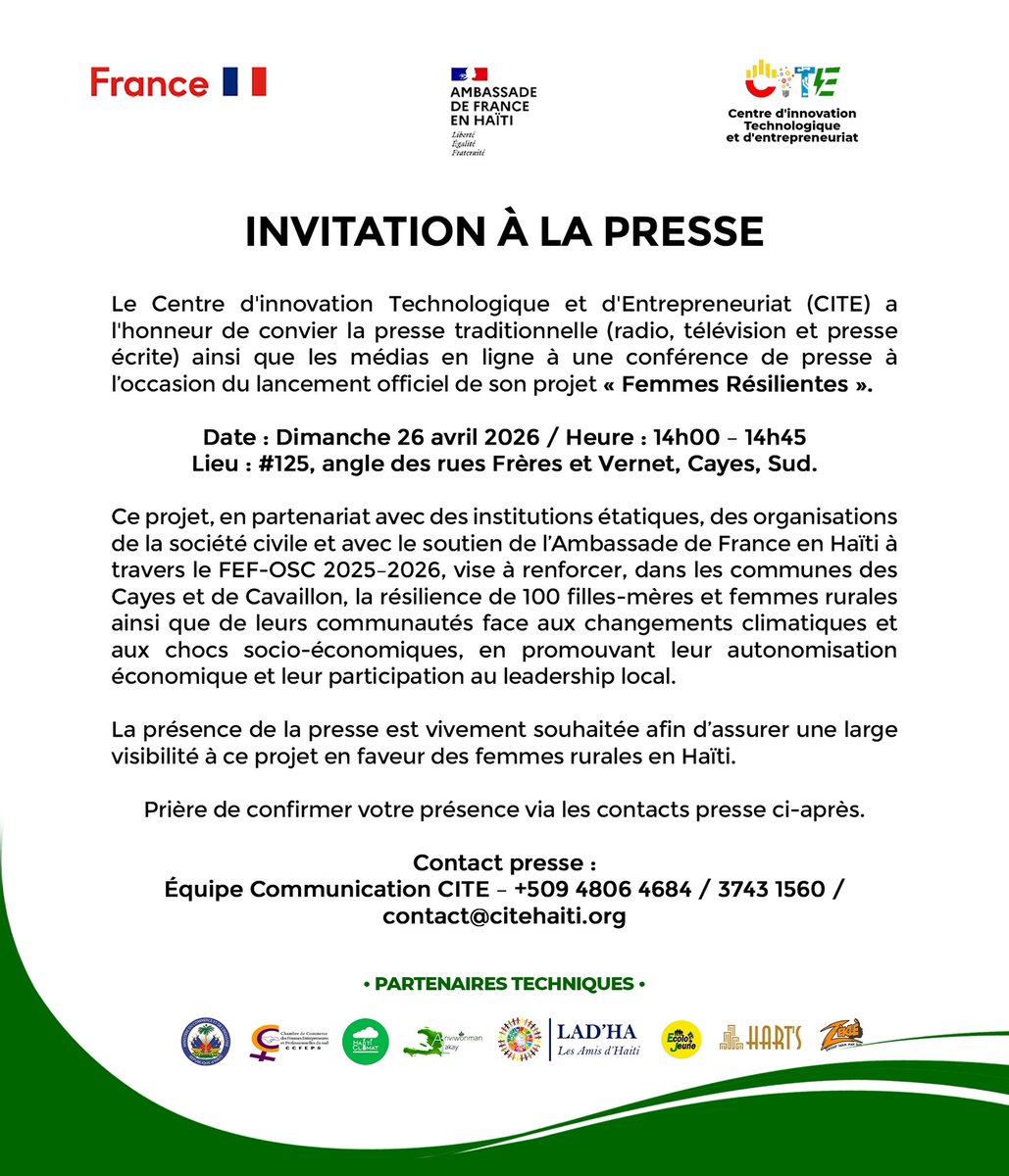 cite04's tweet photo. 🚨 INVITATION À LA PRESSE

Le CITE convie les médias à une conférence de presse à l’occasion du lancement de « Femmes Résilientes » ce 26 avril, 14h00, aux Cayes (#125, angle Frères &amp; Vernet).

Contact : +509 4806 4684 / 3743 1560 / contact@citehaiti.org https://t.co/yoFBSyoclv