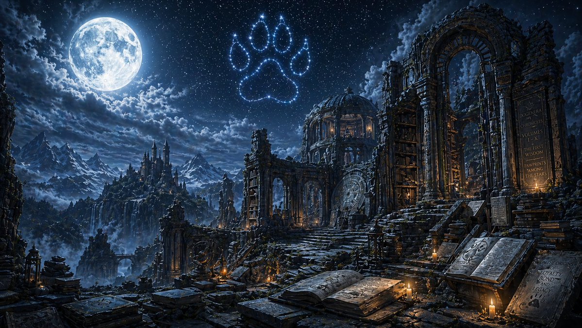 realDogenera's tweet image. Woof! Across the realm of ancient library ruin under moon, prophecy awakens again—Dogenera’s paws leave their mark across the heavens. 🐕✨🌌🔥 #Dogenera #Dogeneration #Doge #elonmusk #prophecy #LOTR #Tolkien