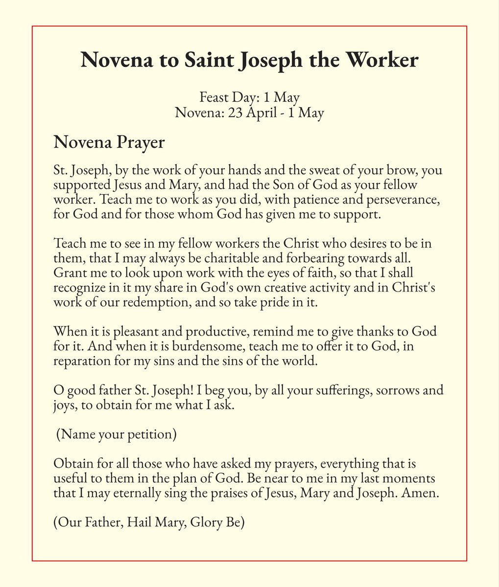 Would anyone like to pray the novena to Saint Joseph the Worker? I’ll post this prayer every day until May 1 for those interested. 🙏

Source: carmelitefriars.org/novena-to-st-j…