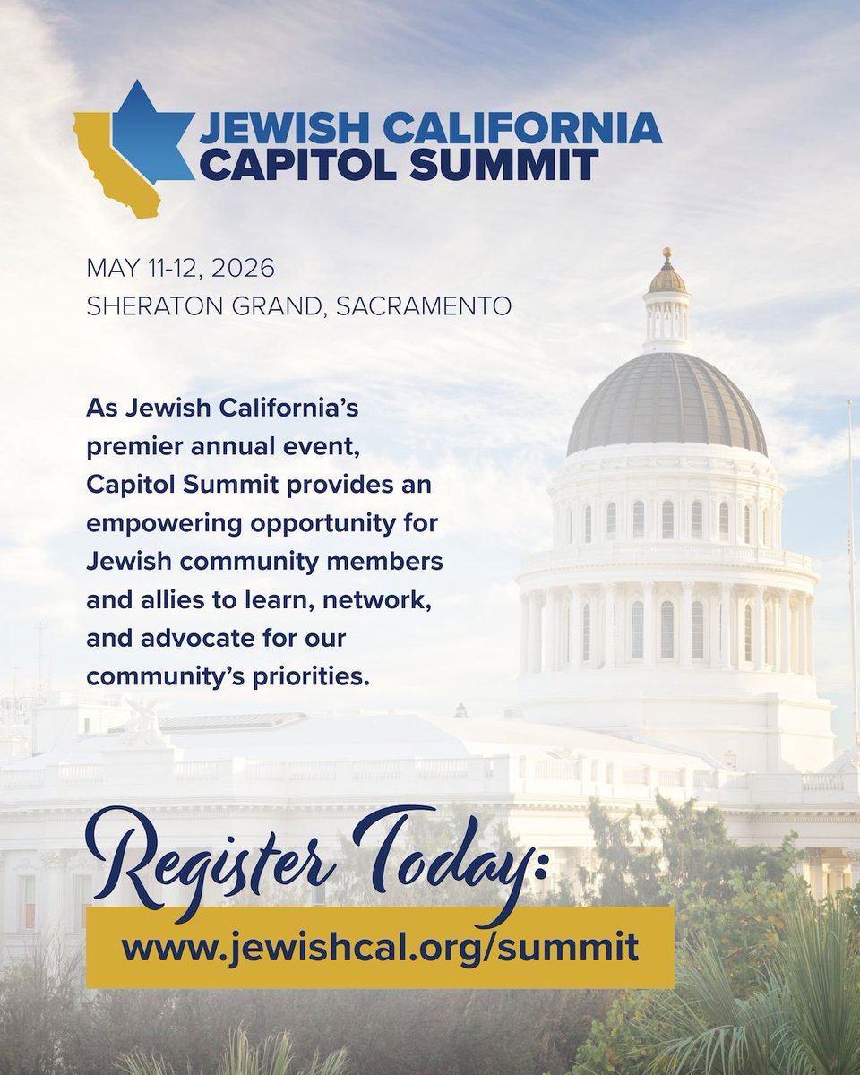 SFJCRC's tweet photo. This is your LAST CHANCE to register for @jpaccalifornia's Capitol Summit!

Join us May 11–12 in Sacramento for the state’s largest convening of Jewish community members, legislators, and advocates for two days of learning, lobbying, and relationship building.

This year’s keynote speakers include former Second Gentleman Doug Emhoff, ADL CEO Jonathan Greenblatt, Los Angeles County District Attorney Nathan Hochman, California Lieutenant Governor Eleni Kounalakis, and Network of Jewish Human Service Agencies President Reuben Rotman.

Whether you’re new to Jewish advocacy or an experienced leader, we hope to see you in Sacramento! Registration closes Monday, April 27.

🔗 REGISTER: https://t.co/qhza7xfnWf