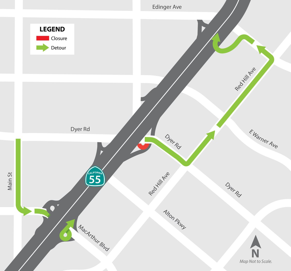 Reminder! Crews are expected to perform an extended closure of the northbound (NB) Dyer Road loop on-ramp, as well as the NB SR-55 outside lane between Dyer Road and Warner Avenue for paving work. The on-ramp and outside lane are expected to close as soon as 9 p.m., Friday, April