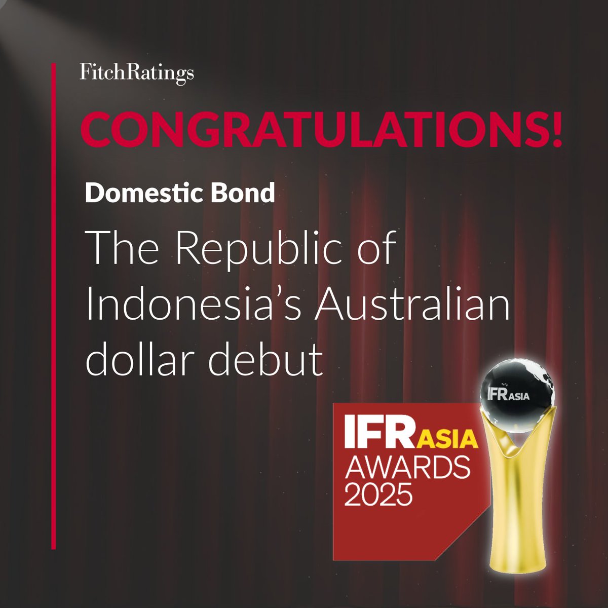 FitchRatings's tweet image. The Republic of Indonesia’s Australian dollar debut has been named the winner of the IFR Asia Award - Domestic Bond category. Congratulations to the team! 

Related rating action: ow.ly/9poQ50YGjRb

#AsiaPacific #Indonesia #Bond #AUD #Sovereigns