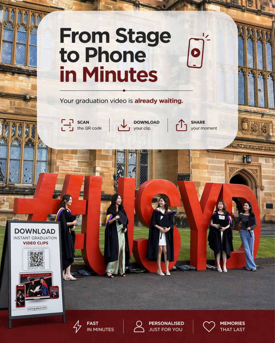 editonthespot's tweet image. From stage to phone in minutes.

Your graduation moment is already ready — no waiting, no delays.
Just scan, download, and share it while it still feels real. 🎓
#Gradcut #Graduation #ClassOf2026 #USYD #UniLife #StudentLife #Sydney #GraduationDay #CampusLife #FromStageToSocials