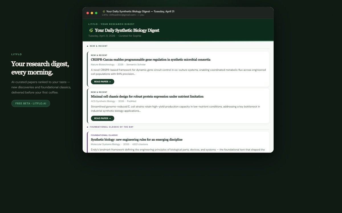 getlitflo's tweet image. This is what lands in your inbox every morning with LitFlo ☕

AI-ranked research papers personalised to your field — new discoveries + foundational classics, before your first coffee.

Free beta → litflo.ai

#AcademicTwitter #ResearchTools #PhDLife