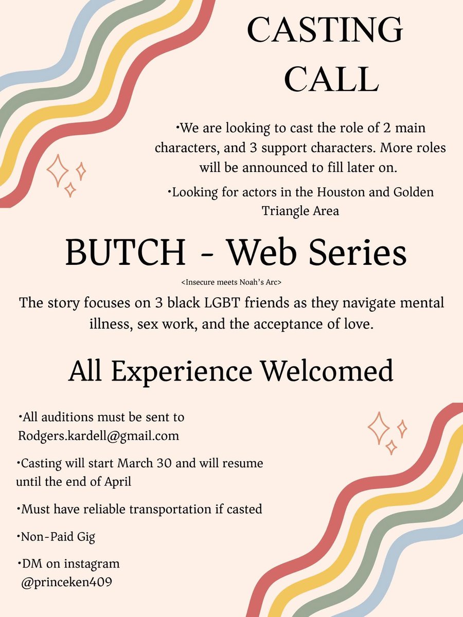 theekendall's tweet image. All information on the cast and the audition piece will be attached below.

#houston #actors #talent #webseries 

linktr.ee/mgwybhr6yp