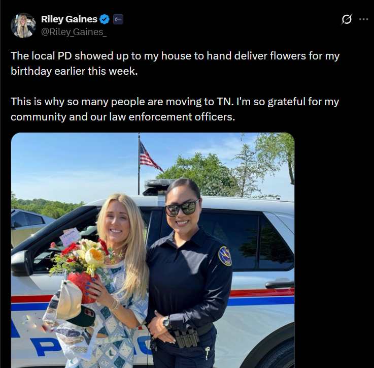 In Riley Gaines' Tennessee, the taxpayers pay for police to hand-deliver her flowers. She, in turn, uses that privilege to punch-down on everyone who doesn't get personal gifts delivered by cops.

This is how the Epstein class lives.