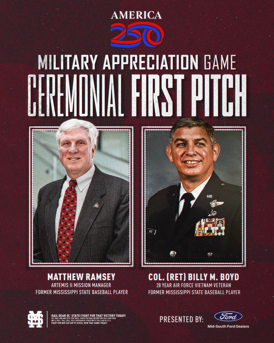 HailStateBB's tweet photo. Former Diamond Dawgs Matthew Ramsey and Col. Billy M. Boyd will throw out Friday’s ceremonial first pitch as part of our celebration of America 250 🇺🇸 https://t.co/E3t1cNK37F