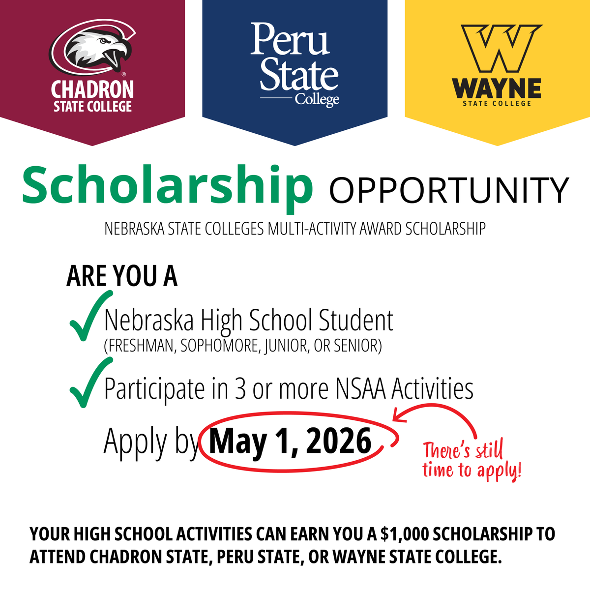 NEStateColleges's tweet photo. Calling #Nebraska high school students. Don't miss this scholarship opportunity. If you participated in 3 or more NSAA activities and are a Nebraska freshman, sophomore, junior, or senior - YOU are eligible for this scholarship. 

Learn more and apply: https://t.co/ibnvXVWRzm https://t.co/yI8vZeYM0D