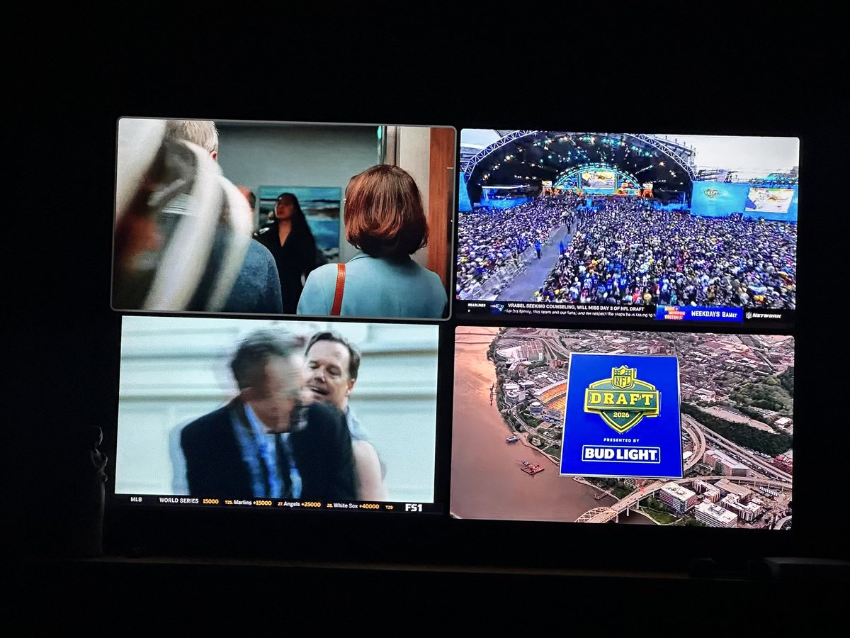 moose740's tweet photo. Quadruple box perfection 
Box 1 bruins playoffs
Box 2 espn draft
Box 3 Yankees vs redsox
Box 4 Extra NFL draft

@YouTubeTV  @Keefe21  @weei https://t.co/eCjCFmW1ae