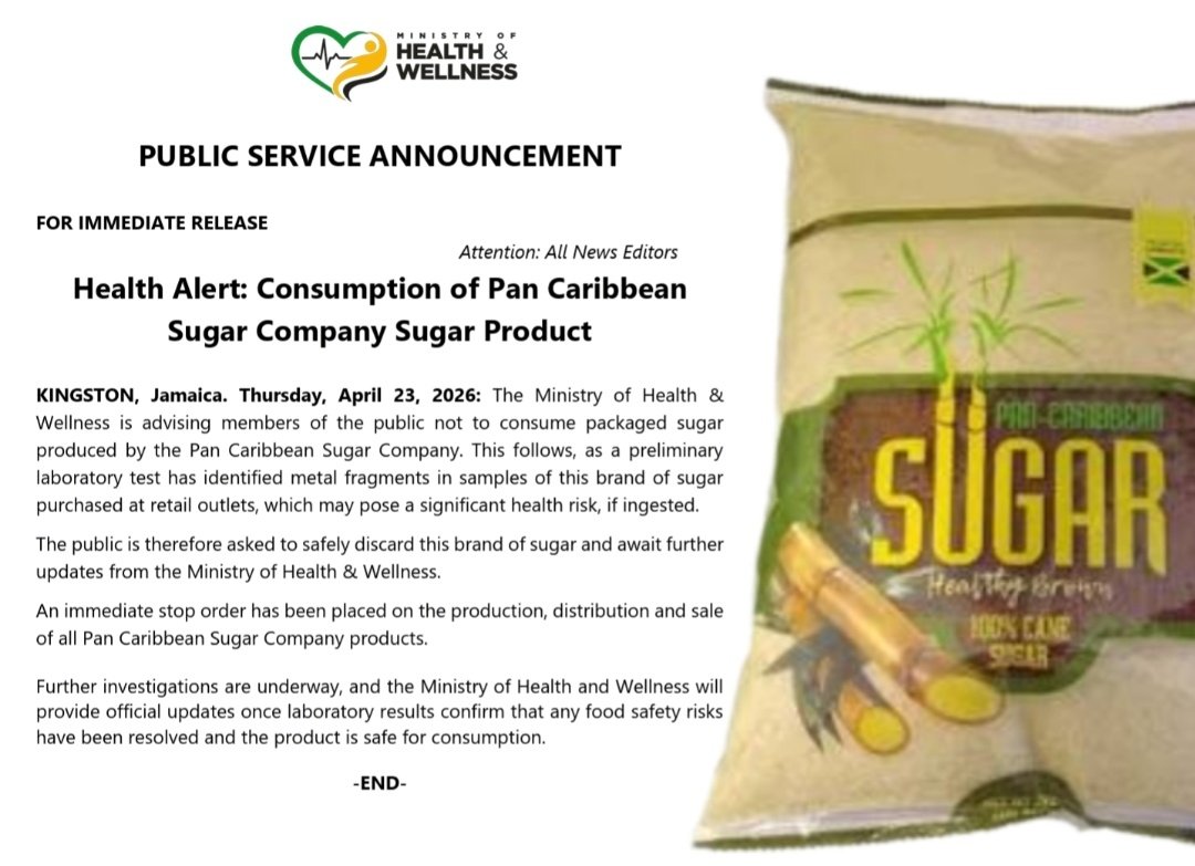 🚨 HIGH ALERT UPDATE:

🔘 Lab tests confirm metal fragments Pan Caribbean Sugar

The Health Ministry is advising consumers not to use sugar produced by Pan Caribbean Sugar Company. According to the ministry, metal fragments were found in samples bought at retail outlets.

▫️An