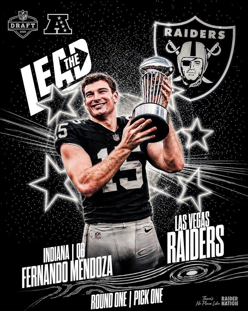 RaidersLead's tweet image. WITH THE FIRST OVERALL PICK IN THE 2026 NFL DRAFT THE #RAIDERS HAVE SELECTED #INDIANA QB FERNANDO MENDOZA 🏴‍☠️

The wait is over Mendoza is officially in the silver and black 🥳

LFG!!!!

#Raiders #RaiderNation