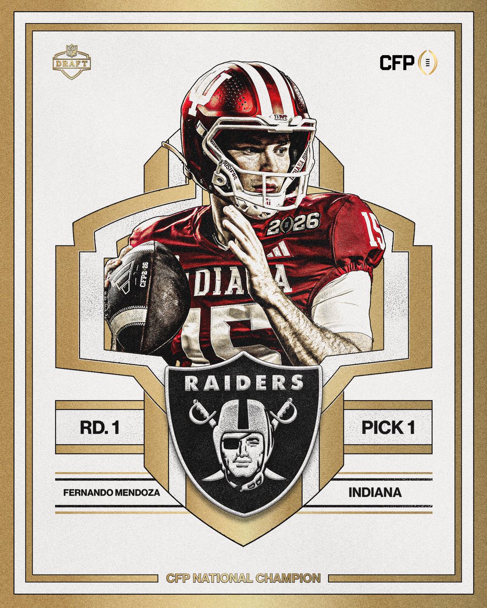 CFBPlayoff's tweet image. FERNANDO NO. 1 OVERALL PICK‼️

With the first overall pick in the 2026 #NFLDraft, the Las Vegas Raiders select Fernando Mendoza.