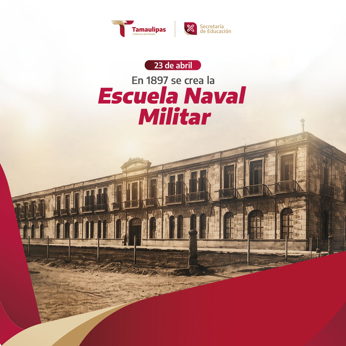 EDUCATAM's tweet photo. #Efeméride 
23 de abril

En 1897 se aprueba el proyecto para instruir la educación teórica y práctica de los oficiales y maquinistas de los buques de guerra de la Armada Mexicana; posteriormente se inauguraría la primera Escuela Naval Militar en el puerto de Veracruz. https://t.co/LNzQbF53n7