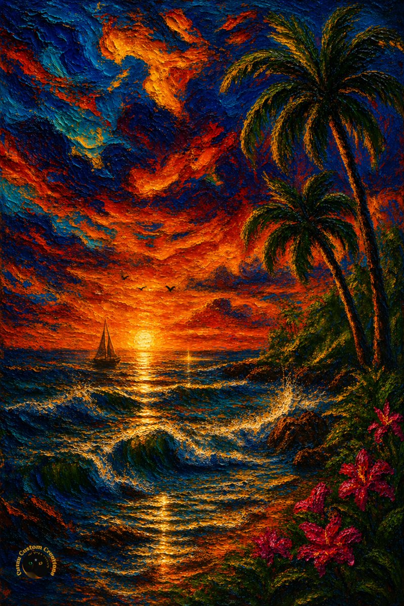 JohnPar21535321's tweet image. Crazy Sez: "The Horizon Breathes"
The ocean exhales light,the sun dissolves into a moment between fire and silence. The sailboat drifts while palms rimmed in amber, flowers whispering in the dusk. 
#NFTArtist #nftart #nftcommunity #nft #digitalcreator #digitalart #digitalartist