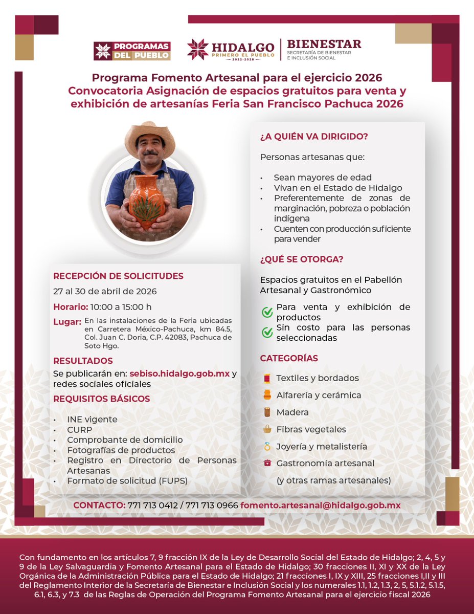 Les comparto la convocatoria para participar en el Pabellón Artesanal y Gastronómico de la Feria de San Francisco 2026. 🎪

Accede a un espacio sin costo para exhibir tus productos y llegar a más personas. 🤝

📅 27 al 30 de abril | 10:00 a 15:00 h

Consulta los requisitos y