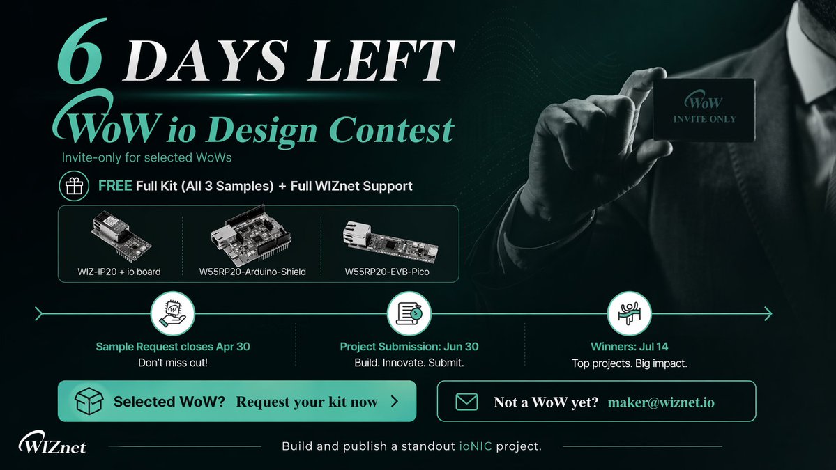 WiznetTeam's tweet image. 6 days left to request the kit.

Selected WoWs, the WoW io Design Contest sample request window closes Apr 30.

You get:
• WIZ-IP20 + io board
• W55RP20-Arduino-Shield
• W55RP20-EVB-Pico
• Full WIZnet support
What would you build first?
#WIZnet #ioNIC