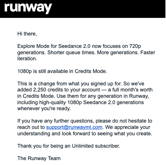 seisei_ai_1st's tweet image. 残念ながら、#Runway のUnlimitedプランから #Seedance2 1080pが除外されるという公式アナウンスがありました😅 
1ヶ月分のクレジットが付与されるので、それを使って生成してね、という内容と共に発表されました。
とりあえずサイレント修正ではないので、誠意ある対応だと思います。